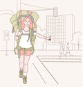 Woman with backpack catching transport for traveling