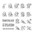 Removing hair by using sugaring or strip wax. Depilation, epilation vector icons set