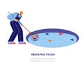 Removing trash of pool operation with worker with net, flat vector illustration.