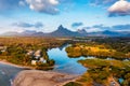 Rempart mountain view from Tamarin bay, Black river, scenic nature of Mauritius island. Beautiful nature and landscapes of