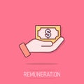 Remuneration icon in comic style. Money in hand cartoon vector illustration on isolated background. Banknote payroll splash effect