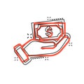 Remuneration icon in comic style. Money in hand cartoon vector illustration on white isolated background. Banknote payroll splash