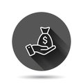 Remuneration icon in flat style. Money in hand vector illustration on black round background with long shadow effect. Banknote