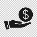 Remuneration icon in flat style. Money in hand vector illustration on white isolated background. Coin payroll business concept