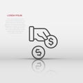 Remuneration icon in flat style. Money in hand vector illustration on white isolated background. Coin payroll business concept Royalty Free Stock Photo