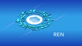 REN isometric token symbol of the DeFi project in digital circle on blue background.