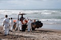 Rena oil spill clean up workers Royalty Free Stock Photo