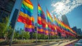 Renaissance Center in the foreground Rainbow Flags in Observance of Gay Pride month in Downtown Detroit, Michigan, United States Royalty Free Stock Photo