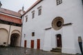 Renaissance courtyard, Baroque medieval castle with stone gothic tower, historical building on the Otava, snow in winter day,