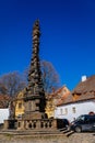 Renaissance historical buildings at May 5th square, Column of St. Florian with baroque sculptural group, medieval street, historic