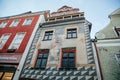 Renaissance historical house in sgraffito technique with a picture of rider in the center of Cesky Krumlov, South Bohemia, Czech