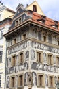 Renaissance `House under a minute` decorated with technique sgraffito, Old Town Square, Prague, Czech Republic Royalty Free Stock Photo