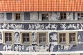 Renaissance `House under a minute` decorated with technique sgraffito ,Old Town Square, Prague, Czech Republic