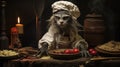 Renaissance-inspired Cooking Halloween Pet: Cat Witch In Kitchen
