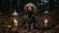 Renaissance-inspired Halloween Pet: Dog In Gown Amidst Woodland Setting