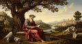 Renaissance philosopher reading under tree classical art style illustration Royalty Free Stock Photo
