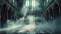 Renaissance Shadows: An Empty Gothic Hall Amidst Abstract Light, Smoke, and Darkness