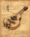 da vinci-style schematic of mandolin with internal gear-driven sound enhancers and rotating soundboard