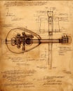 da vinci-style schematic of mandolin with internal gear-driven sound enhancers and rotating soundboard
