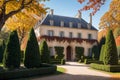 Renaissance style French Castle in a French Garden in autumn - Generative AI