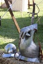 Renaissance weapons and armors in the grass lawn.