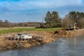 Renaturation work and connection of an oxbow lake, Nidda river in Frankfurt, Germany Royalty Free Stock Photo