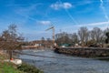 Renaturation work and connection of an oxbow lake, Nidda river in Frankfurt, Germany Royalty Free Stock Photo