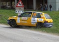 A Renaul Clio Williams rally car goes off the road during a speed test of the 17th Rally Regione Piemonte 2023