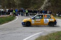 A Renaul Clio Williams rally car goes off the road during a speed test of the 17th Rally Regione Piemonte 2023