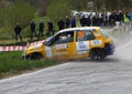 A Renaul Clio Williams rally car goes off the road during a speed test of the 17th Rally Regione Piemonte 2023.