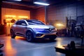 Renault blue car, illustration, garage background