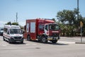 Renault maritime rescue fire truck carries a trailer with a boat