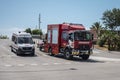 Renault maritime rescue fire truck carries a trailer with a boat