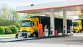 Renault T520 Yellow Truck Formula 1 Team gas station Royalty Free Stock Photo