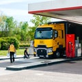 Renault T520 Yellow Truck Formula 1 Team gas station Royalty Free Stock Photo