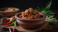 Rendang is an Indonesian West Sumatra Minangkabau spicy meat that slow cooked in coconut milk and mixed spices, generativ ai