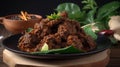 Rendang is an Indonesian West Sumatra Minangkabau spicy meat that slow cooked in coconut milk and mixed spices, generativ ai