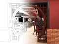 Render Black and white sketch of the Chinese restaurant interior design.