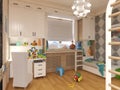 Render children room with striped bed and bookshelves. 3d illustration