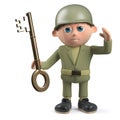 3d army soldier character holding a gold key