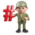 3d army soldier character holding a hash tag symbol