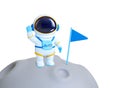 Render 3d astronaut standing on moon surface with flag. Space exploring, science and win in cosmos. Space man in Royalty Free Stock Photo