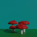 Render 3d mushrooms. Illustrated in three-dimensional style. Mushrooms with red caps.