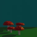 Render 3d mushrooms. Illustrated in three-dimensional style. Mushrooms with red caps.