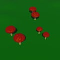 Render 3d mushrooms. Illustrated in three-dimensional style. Mushrooms with red caps