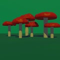 Render 3d mushrooms. Illustrated in three-dimensional style. Mushrooms with red caps