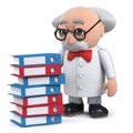 3d scientist character with pile of files in old folders Royalty Free Stock Photo