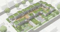 Render of an eco-friendly urban housing development with green roofs on each Royalty Free Stock Photo