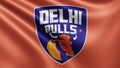 Render of the flag of the Delhi Bulls cricket team that plays cricket flutters in the wind close-up, the flag of the