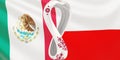 Render of the flag of the national football teams Mexico vs Poland at FIFA 2022 in Qatar. Developing flag of the teams